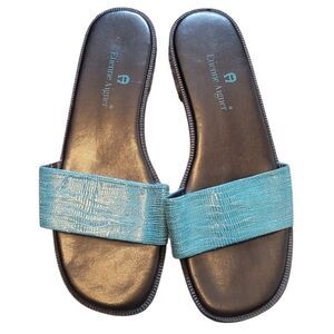 Etienne Aigner Black & Blue Y2K Leather Pool Slide Sandals Size 8